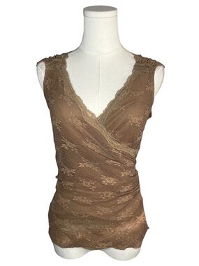 Y2K Ann Ferriday Tan Floral Mesh Lace Surplice Sleeveless Fairycore Blouse